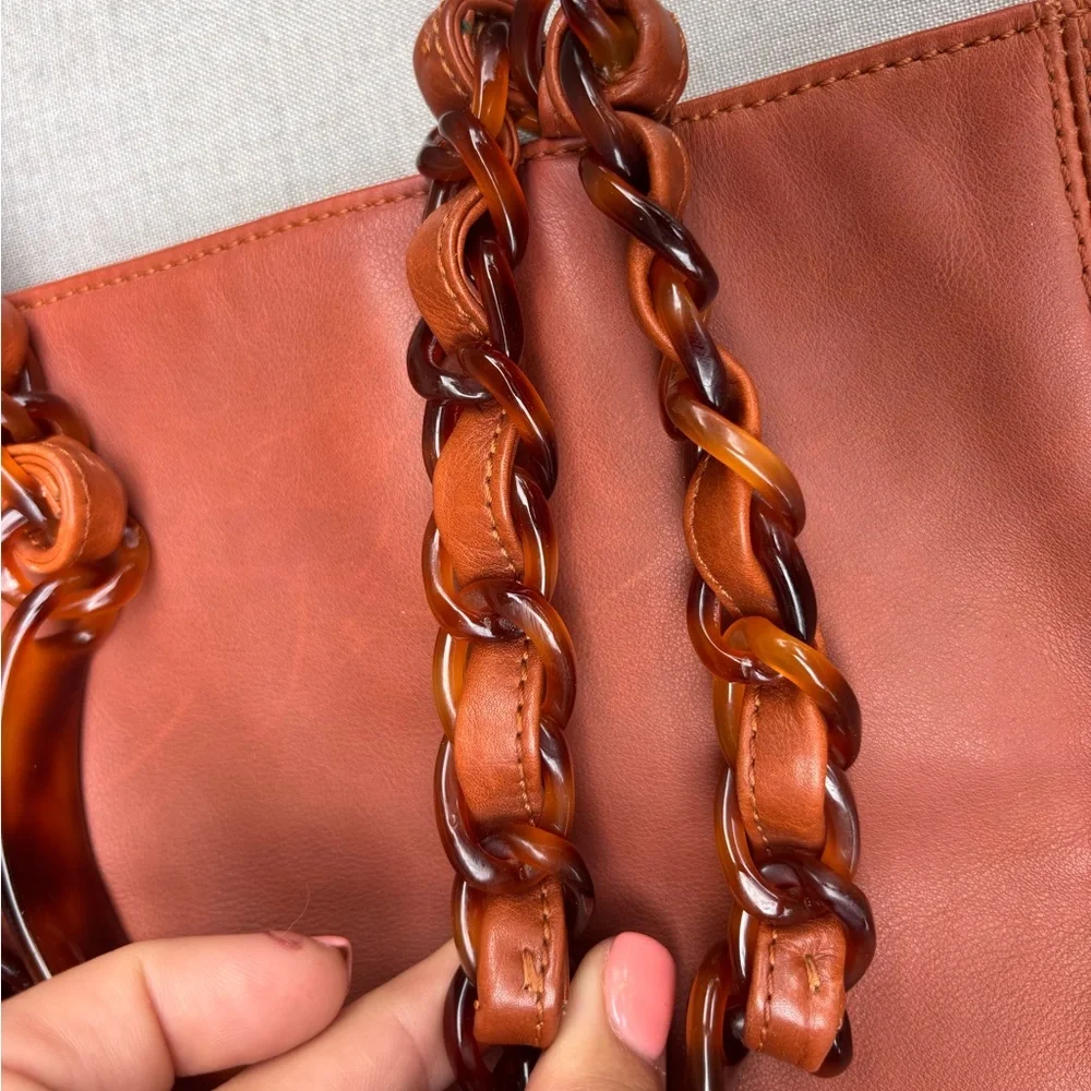 Authentic CHANEL brown leather CC tote tortoise handles